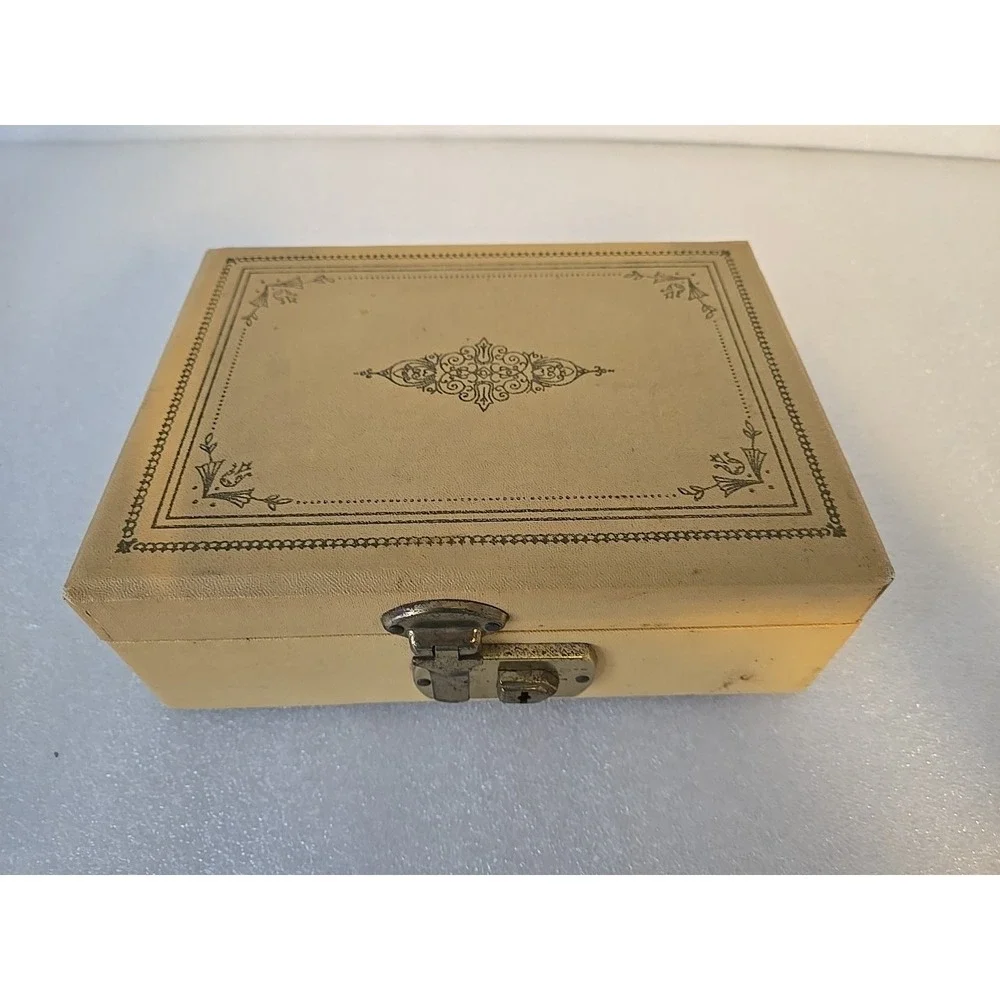 Vintage MCM Hinged 2 Tier Locking Jewelry Box Beige w/Blue Satin Lining *No Key